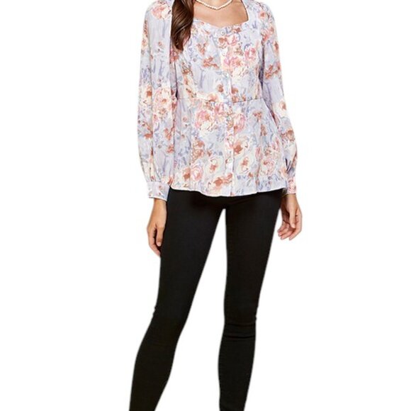 Floral Sweetheart Neckline Button Down Pink, Purple, and White Blouse - Picture 7 of 7